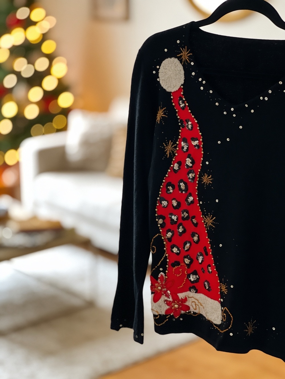 Jack B Quick Vintage Embellished Christmas Sweater Leopard Santa Hat Black Sz L